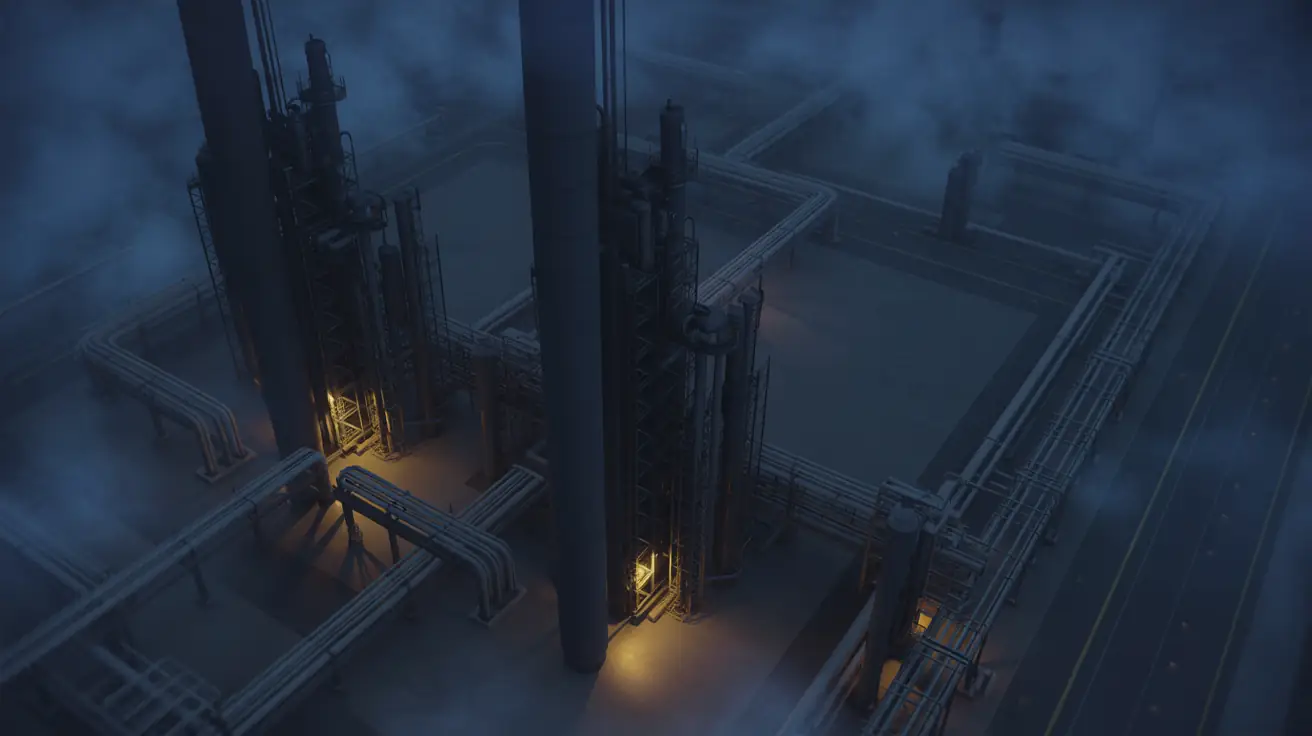 Industrial chemical facility at night with safety lighting