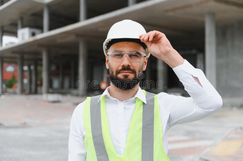 Construction site safety professional wearing hard hat inspecting building project with safety equipment