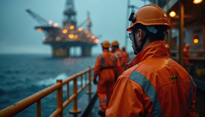 Oil and gas worker in safety gear inspecting operations on an offshore rig with safety equipment visible